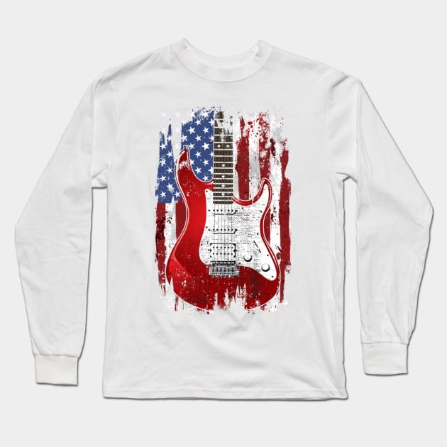 Electric Guitar American Flag Patriotic Guitarist Gift Long Sleeve T-Shirt by Kagina
